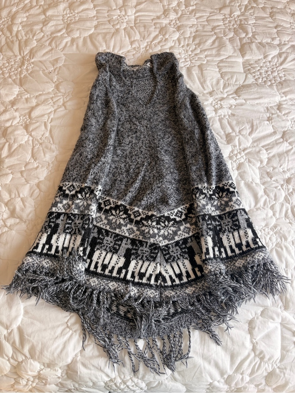 Boho Fringe Knit Poncho in Gray and Black